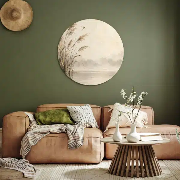 Japandi schilderij beige als muurcirkel aan een olijfgroene muur boven een cognackleurige bank