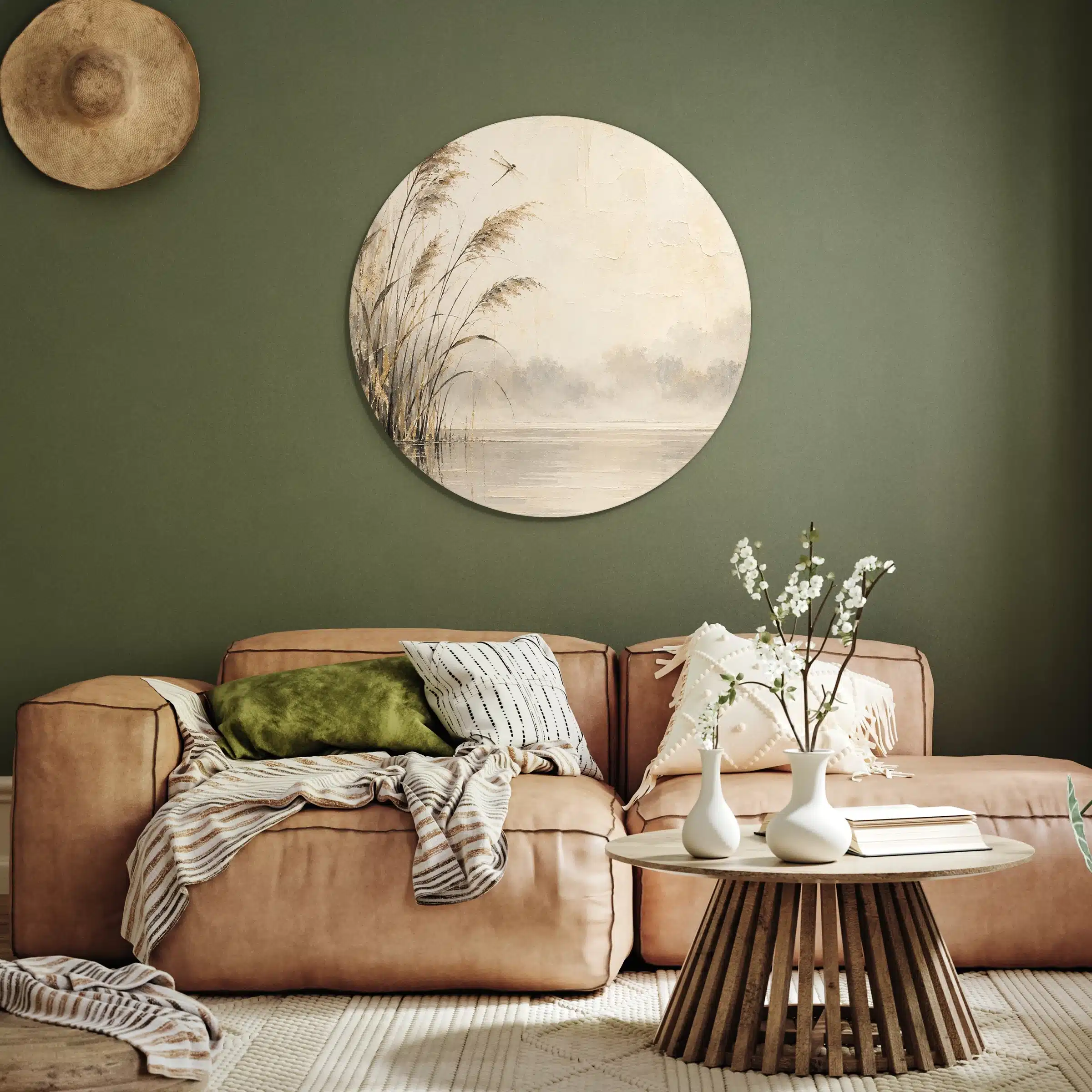 Japandi schilderij beige als muurcirkel aan een olijfgroene muur boven een cognackleurige bank