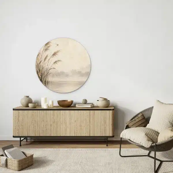Japandi schilderij beige als muurcirkel boven een licht houten dressoir
