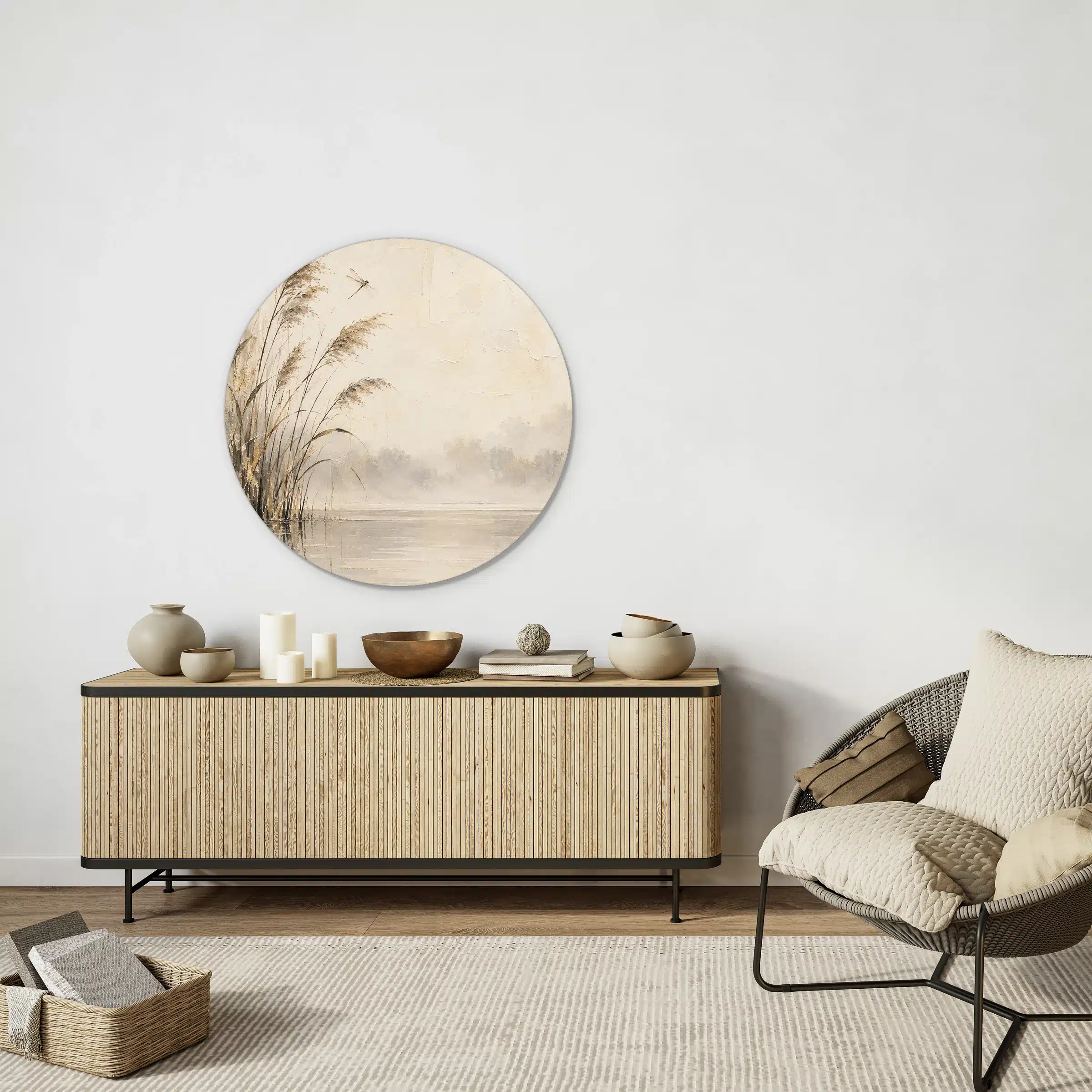 Japandi schilderij beige als muurcirkel boven een licht houten dressoir