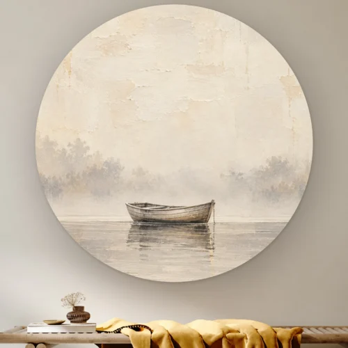 Japandi schilderij rond als muurcirkel: houten roeiboot op een spiegelglad meer in de mist, japandi
