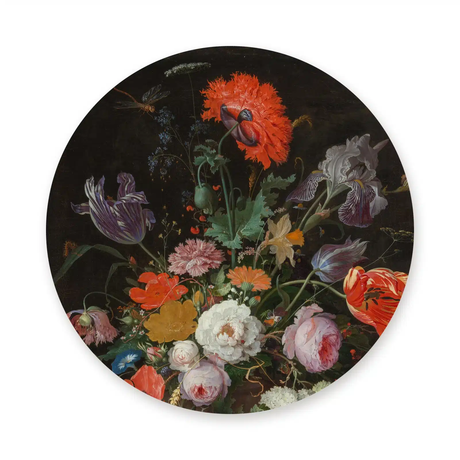 Bloemstilleven met horloge als muurcirkel los op een witte achtergrond