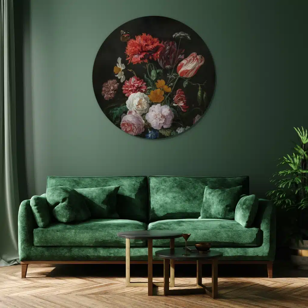 Muurcirkel stilleven met bloemen in een glazen vaas aan een donkergroene wand boven een groene fluwelen bank