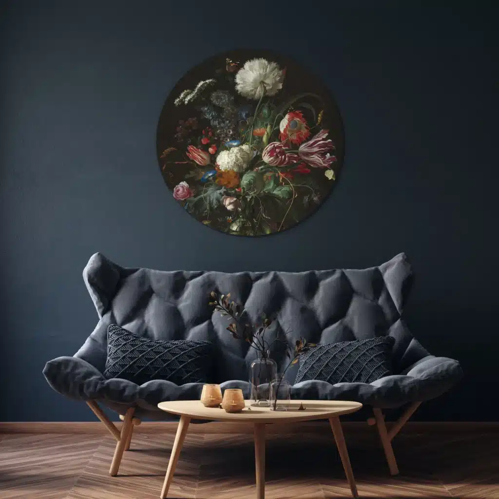 Muurcirkel vaas met bloemen 2 van Jan Davidsz. de Heem boven een grijze bank tegen een donkerblauwe muur