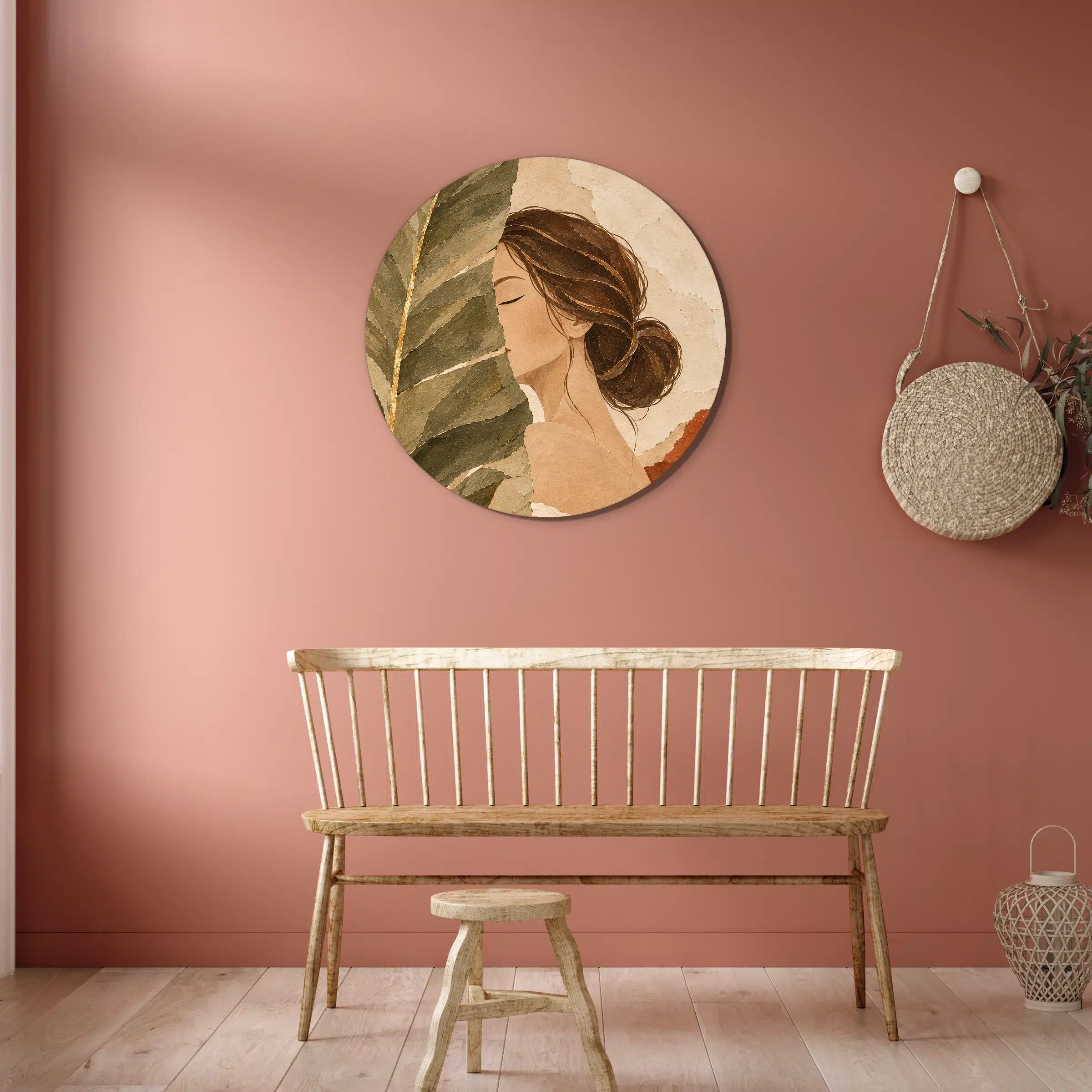 Boho schilderij vrouw als muurcirkel aan een terracotta muur boven een houten bank