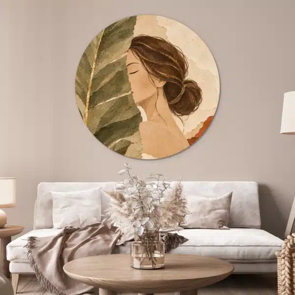 Boho schilderij vrouw als muurcirkel in een lichte woonkamer boven de bank