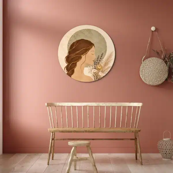 Muurcirkel vrouw met bloemen aan een terracotta muur boven een houten bank