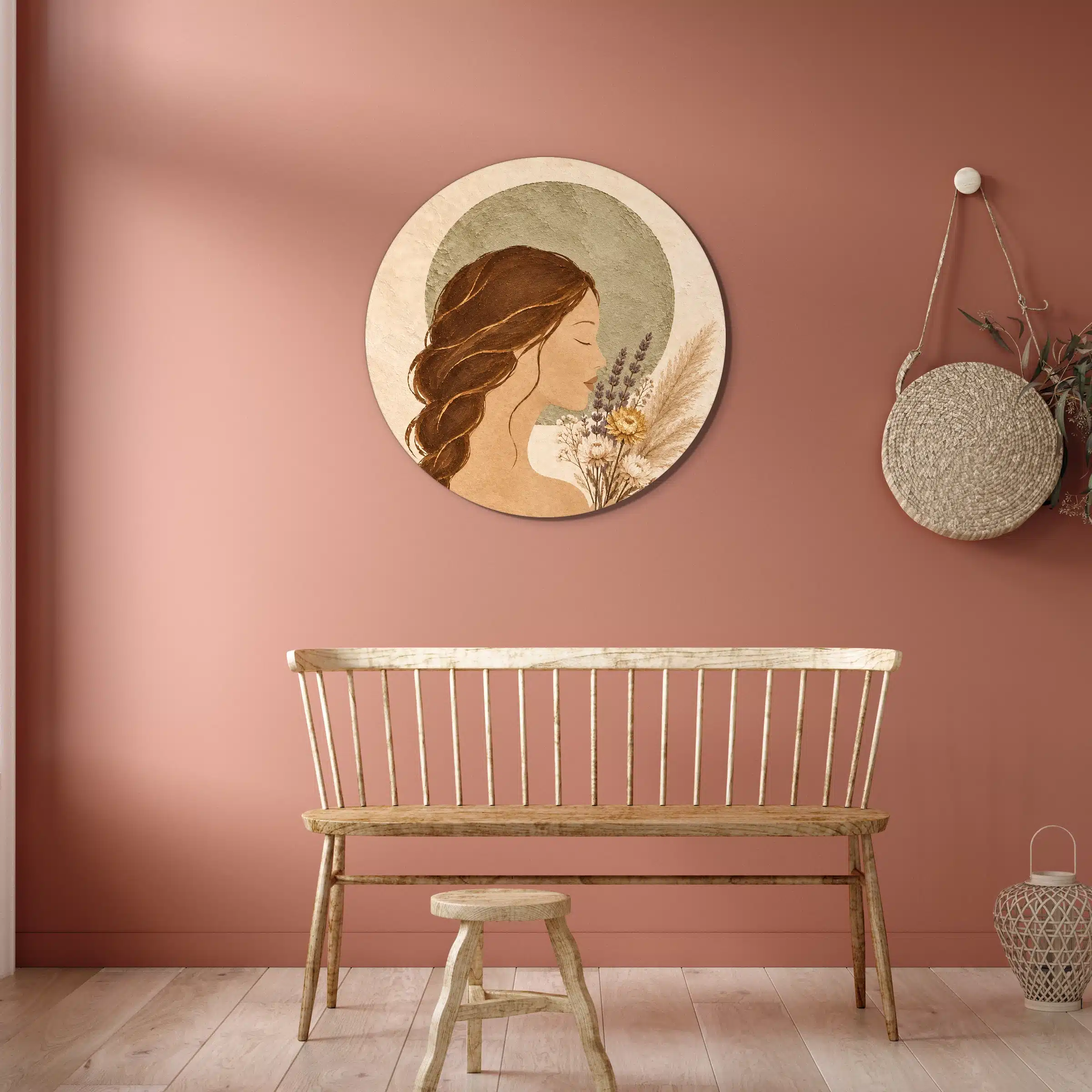 Muurcirkel vrouw met bloemen aan een terracotta muur boven een houten bank
