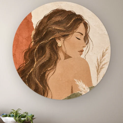 Schilderij vrouw gezicht als muurcirkel: vrouw met lang golvend haar en gesloten ogen, met terracotta en pampas