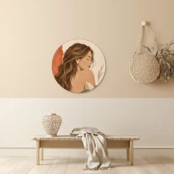 Schilderij vrouw gezicht als muurcirkel in een lichte hal boven een houten bankje
