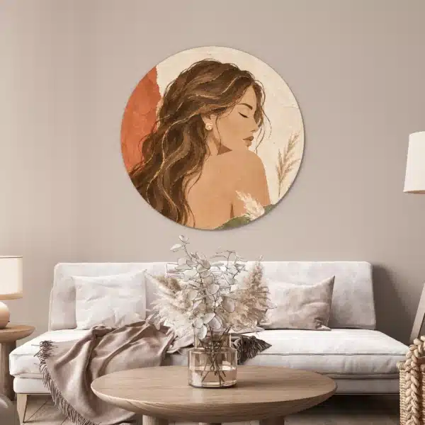 Schilderij vrouw gezicht als muurcirkel in een lichte woonkamer boven de bank