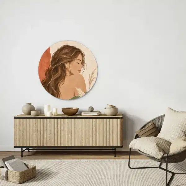 Schilderij vrouw gezicht als muurcirkel boven een licht houten dressoir