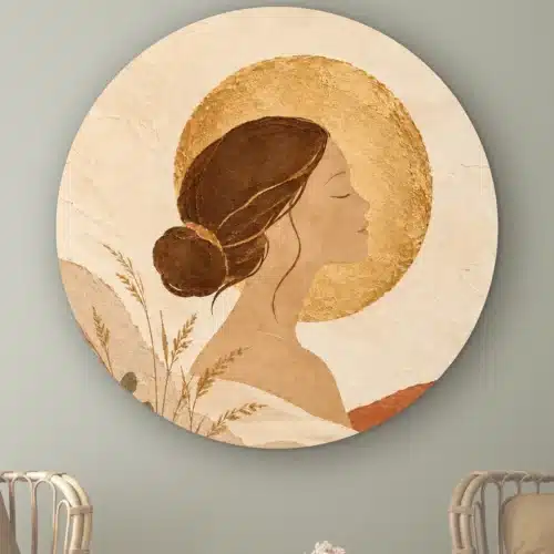 Schilderij aardetinten vrouw als muurcirkel: vrouw in profiel met een gouden zon achter haar hoofd en droog gras