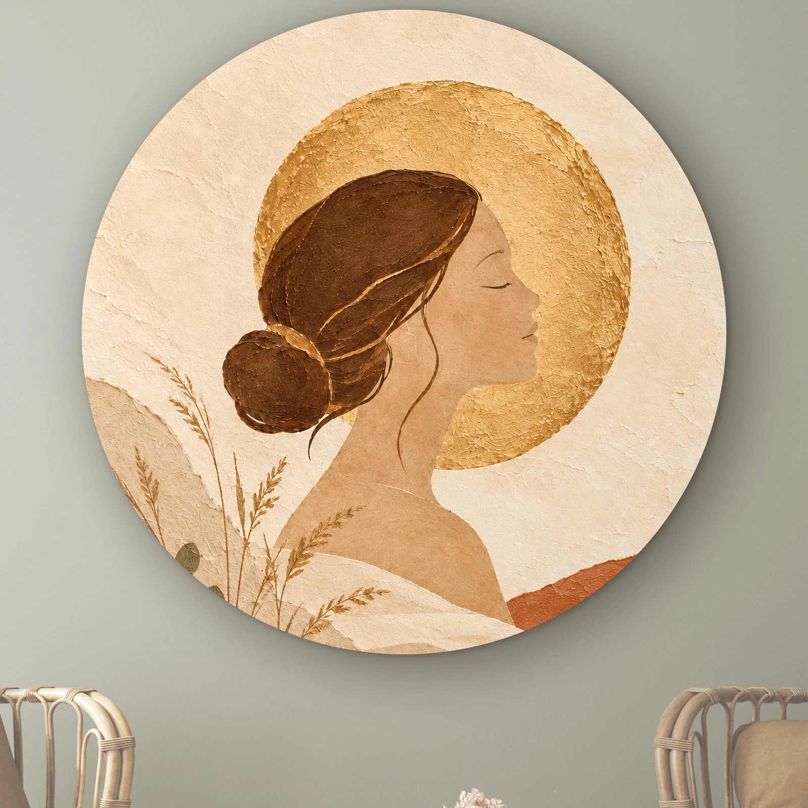 Kunst aan de muur: Vrouw met gouden zon als muurcirkel in aardetinten