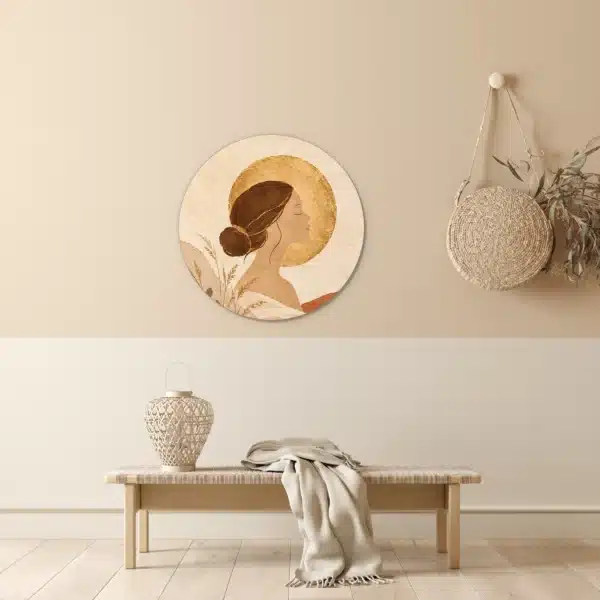 Schilderij aardetinten vrouw als muurcirkel in een lichte hal boven een houten bankje