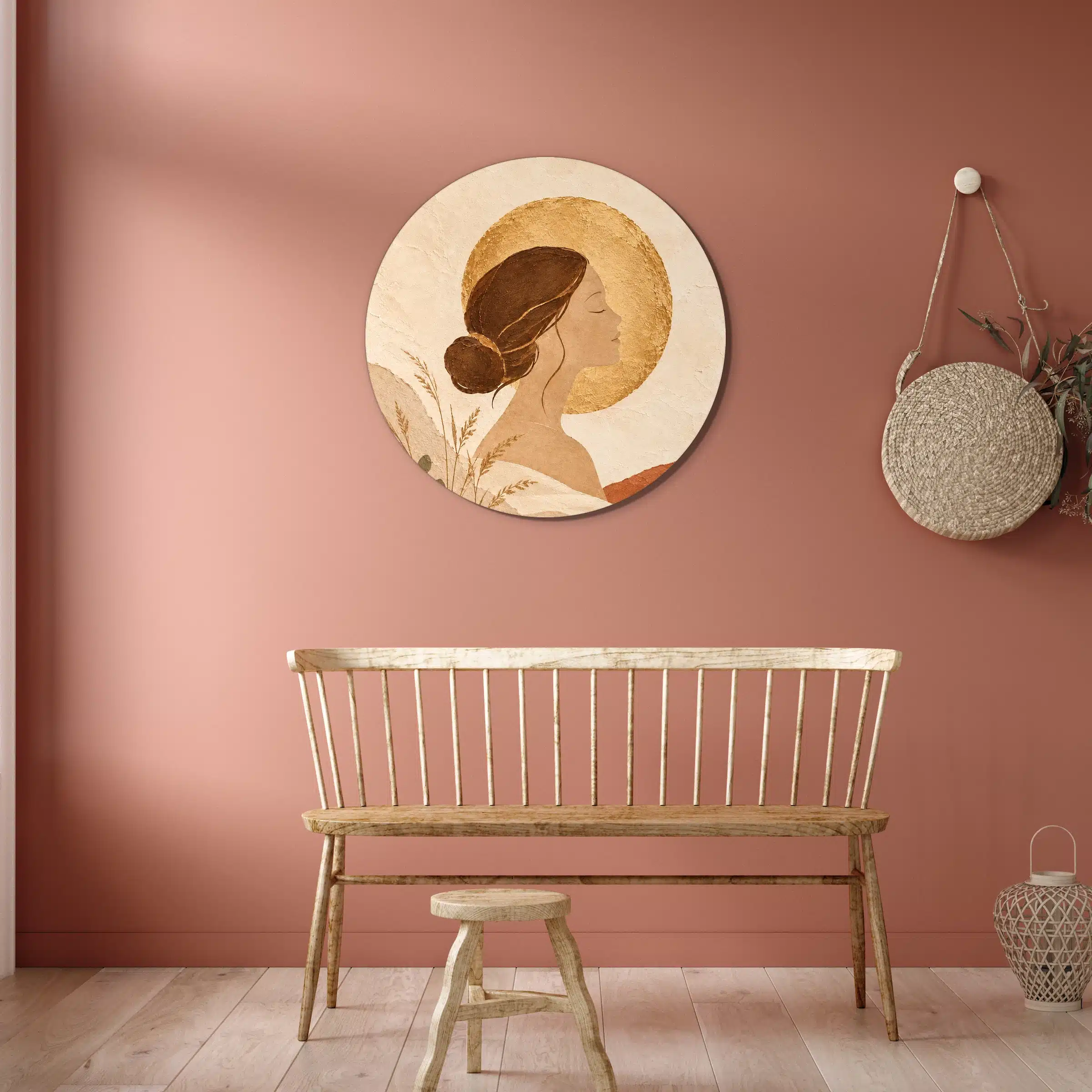 Schilderij aardetinten vrouw als muurcirkel aan een terracotta muur boven een houten bank