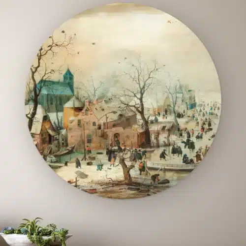 Winterlandschap met schaatsers als muurcirkel: schaatsers op een bevroren rivier bij een dorp, Hendrick Avercamp