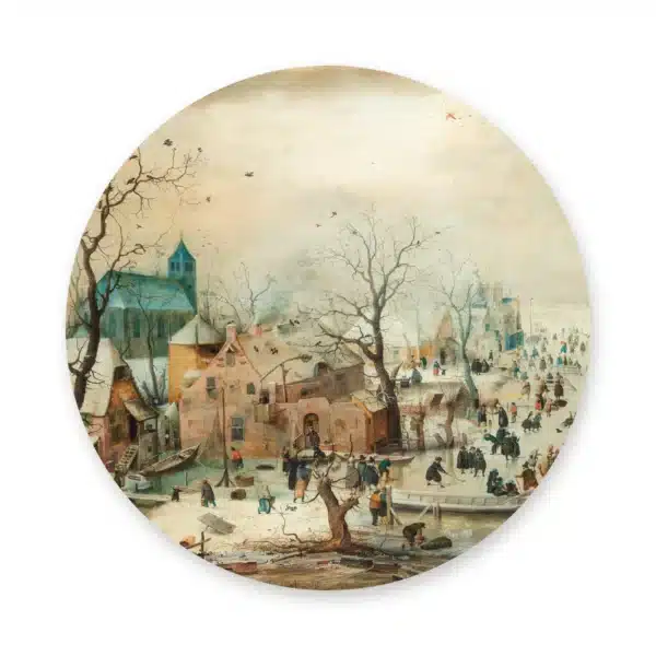 Winterlandschap met schaatsers als muurcirkel los op een witte achtergrond