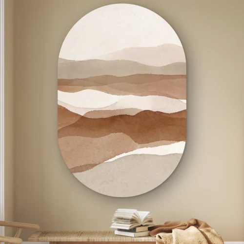 Muurovaal Abstracte duinen aan de muur boven een houten bankje met boeken