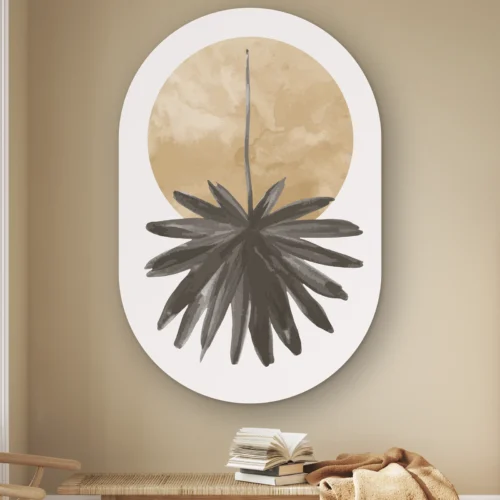 Muurovaal Abstracte hangende bloem aan de muur boven een houten bankje met boeken