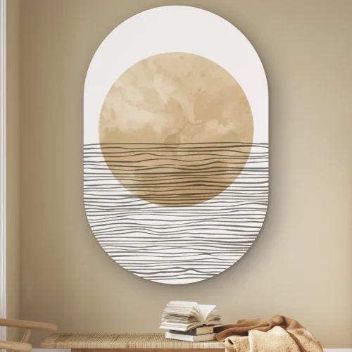 Muurovaal Abstracte horizonstrepen aan de muur boven een houten bankje met boeken