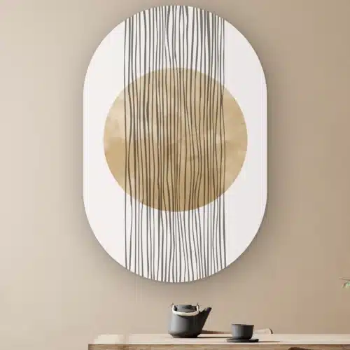 Muurovaal Abstracte vallende strepen aan de muur boven een houten tafel met theepot