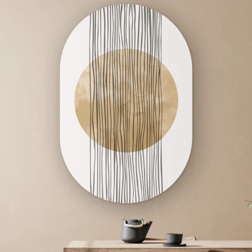 Muurovaal Abstracte vallende strepen aan de muur boven een houten tafel met theepot