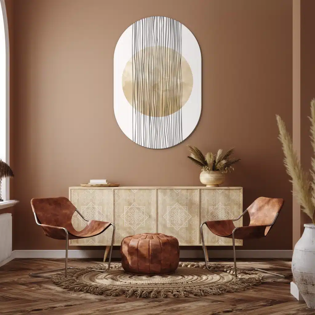 Muurovaal abstracte vallende strepen aan een terracotta wand boven een licht houten dressoir met twee leren stoelen