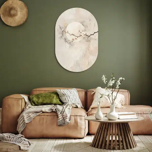 Japandi stijl schilderij als muurovaal aan een olijfgroene muur boven een cognackleurige bank