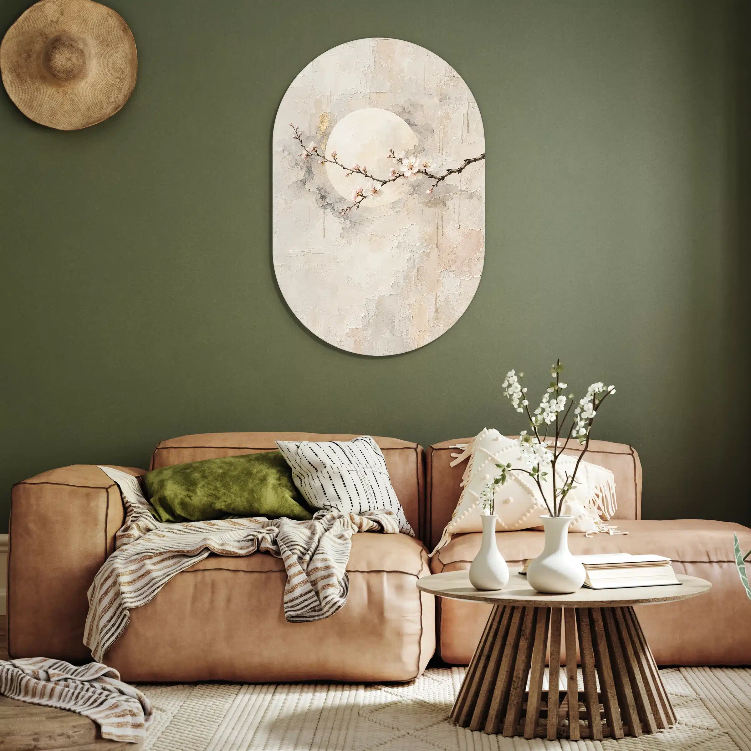 Japandi stijl schilderij als muurovaal aan een olijfgroene muur boven een cognackleurige bank