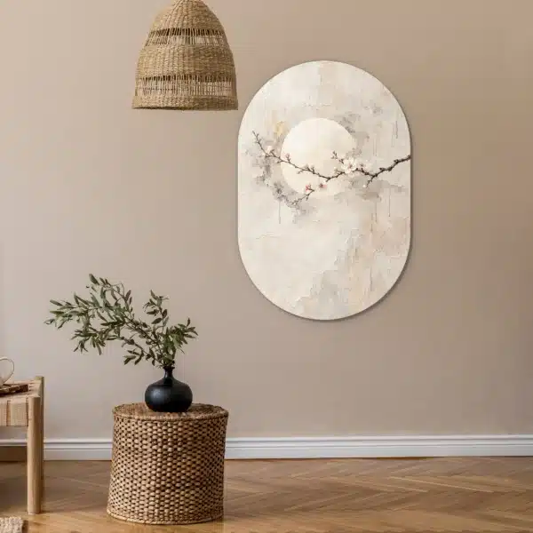 Japandi stijl schilderij als muurovaal aan een zandkleurige muur