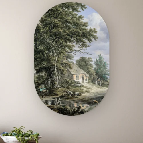 Muurovaal Boerderijen aan de rand van een bos 1 aan de muur boven een houten dressoir met planten
