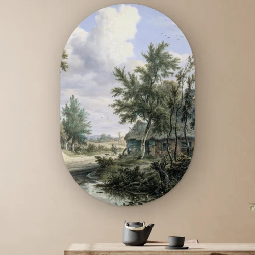 Muurovaal Boerderijen aan de rand van een bos 2 aan de muur boven een houten tafel met theepot