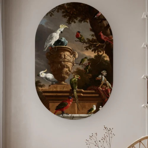 Muurovaal De Menagerie aan de muur in een lichte kamer met droogbloemen