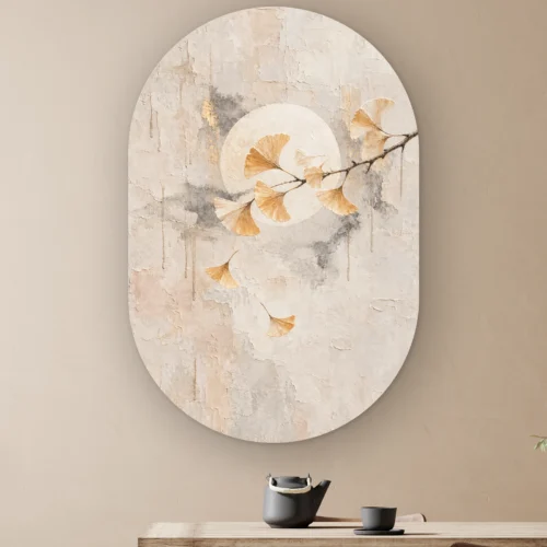 Ginkgo wanddecoratie als muurovaal: goudgele ginkgobladeren voor een bleke volle maan met vallende bladeren, staand ovaal