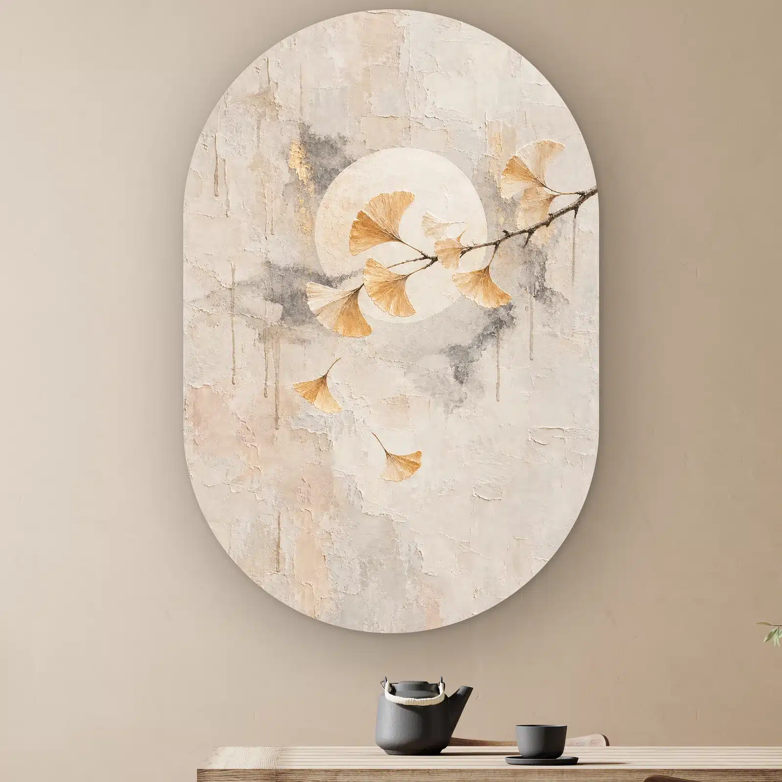 Ginkgo wanddecoratie als muurovaal: goudgele ginkgobladeren voor een bleke volle maan met vallende bladeren, staand ovaal