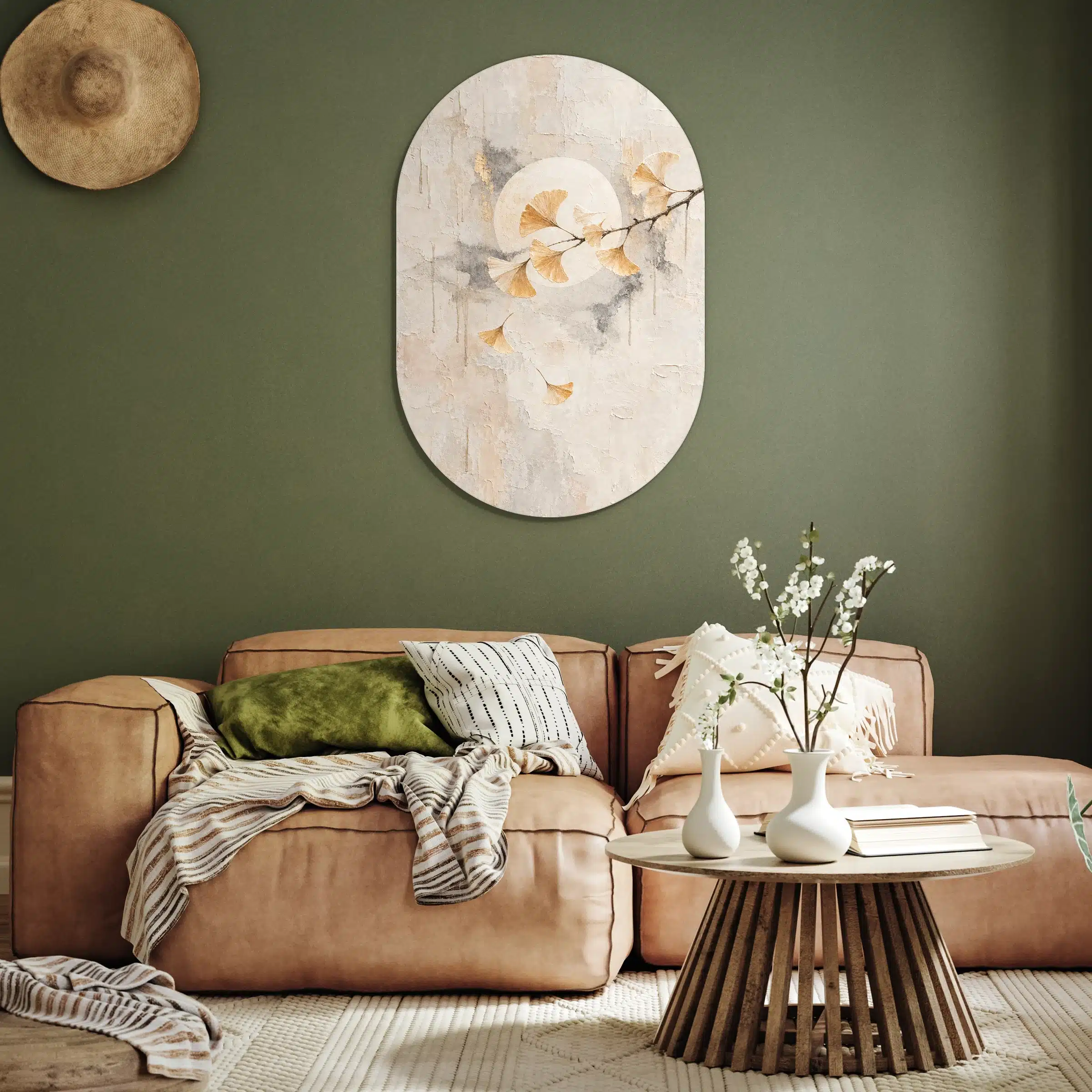 Ginkgo wanddecoratie als muurovaal aan een olijfgroene muur boven een cognackleurige bank