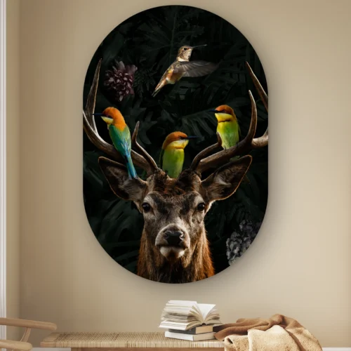 Muurovaal Hert met vogels aan de muur boven een houten bankje met boeken