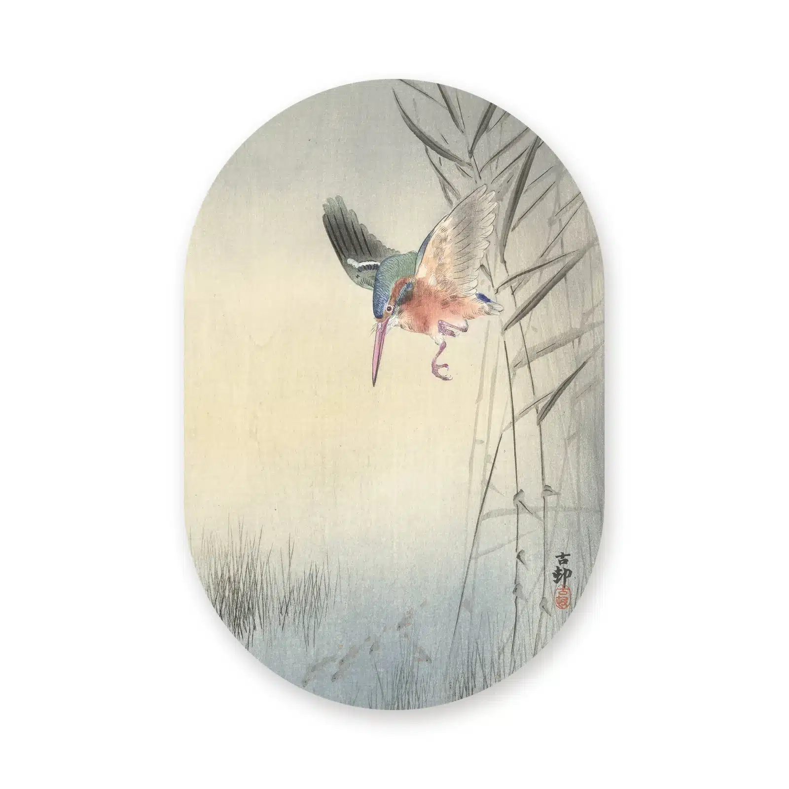 Japanse prent ijsvogel als muurovaal los op een witte achtergrond