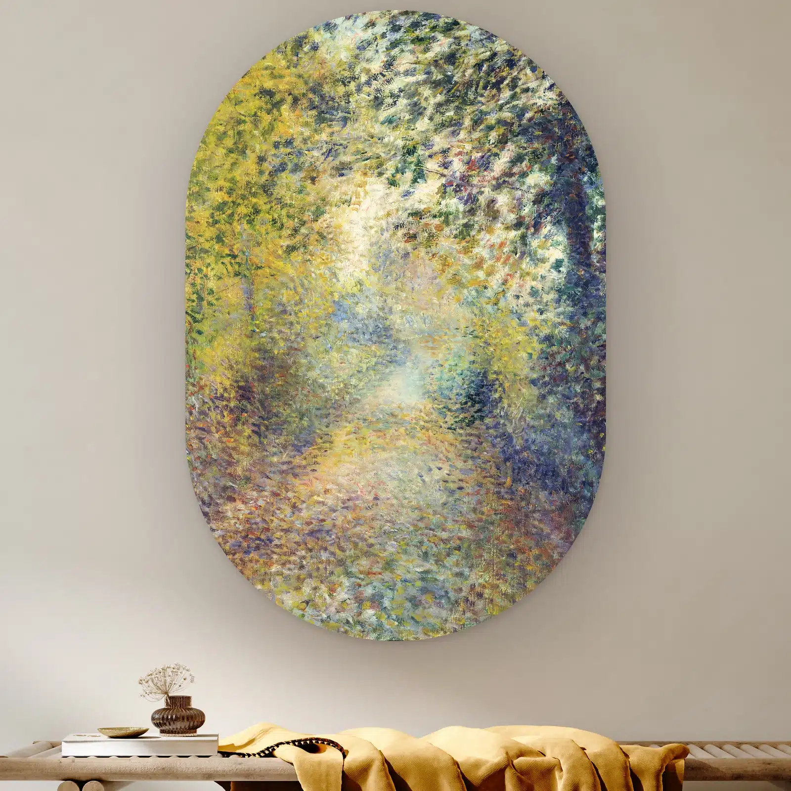 Schilderij bospad als muurovaal: bospad in zonlicht in losse toetsen, In het bos van Renoir