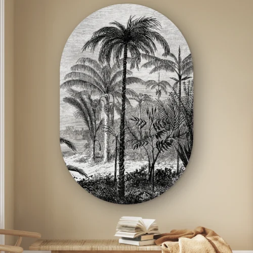 Muurovaal Jungle palmen aan de muur boven een houten bankje met boeken