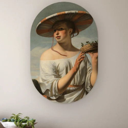Muurovaal Meisje met de brede hoed aan de muur boven een houten dressoir met planten