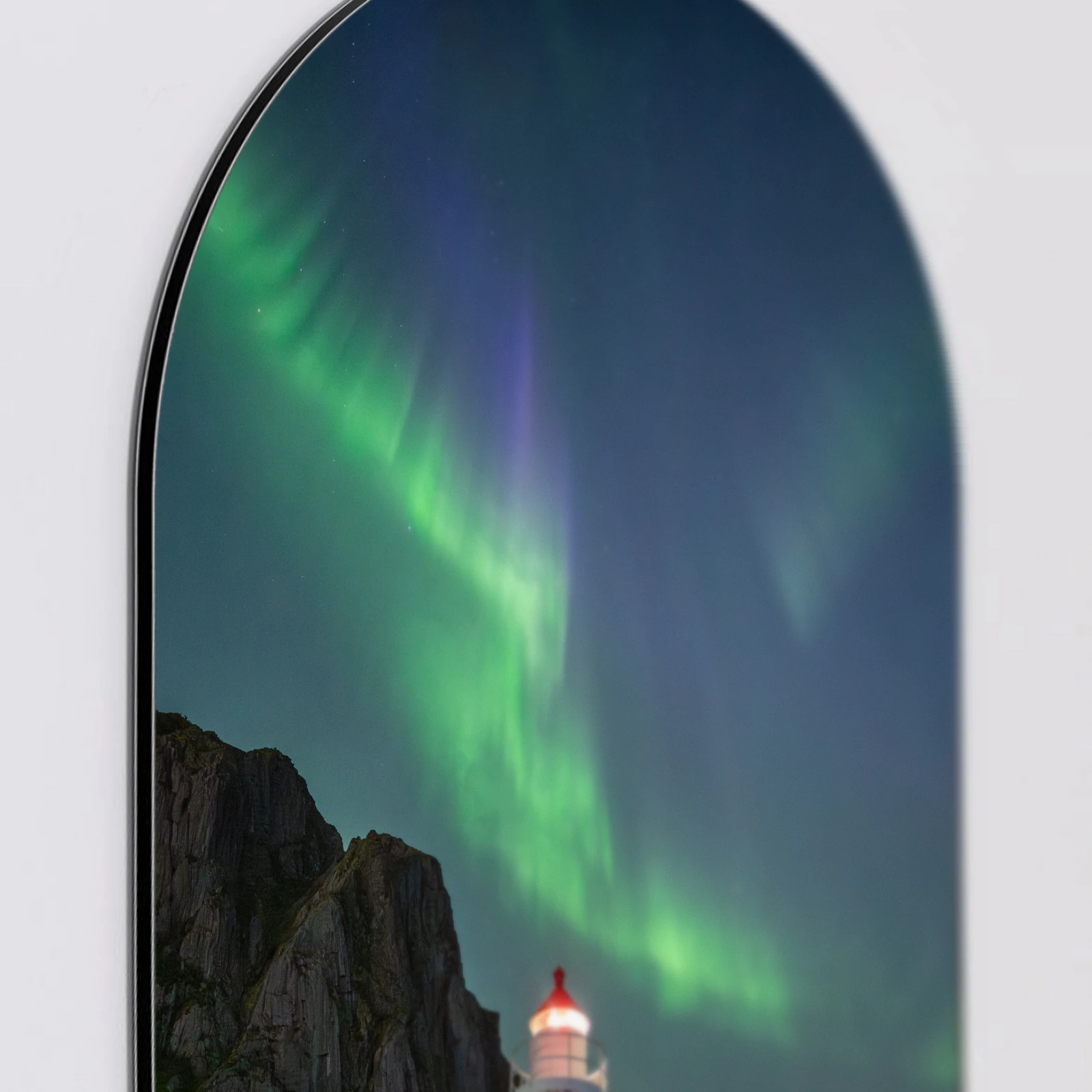 Muurovaal Noorderlicht vuurtoren Lofoten, Aluminium Dibond van dichtbij