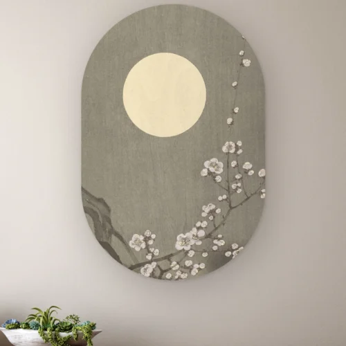 Japanse bloesem schilderij als muurovaal: witte pruimenbloesem onder een grote volle maan, Japanse prent van Ohara Koson