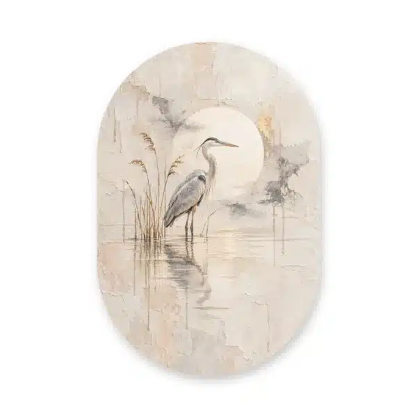 Schilderij blauwe reiger als muurovaal los op een witte achtergrond
