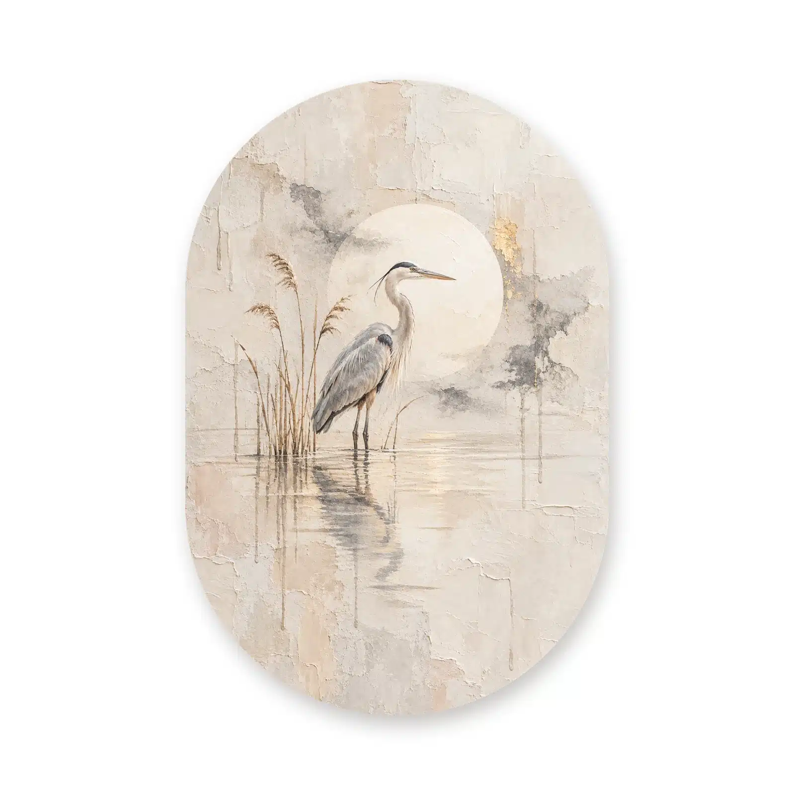 Schilderij blauwe reiger als muurovaal los op een witte achtergrond