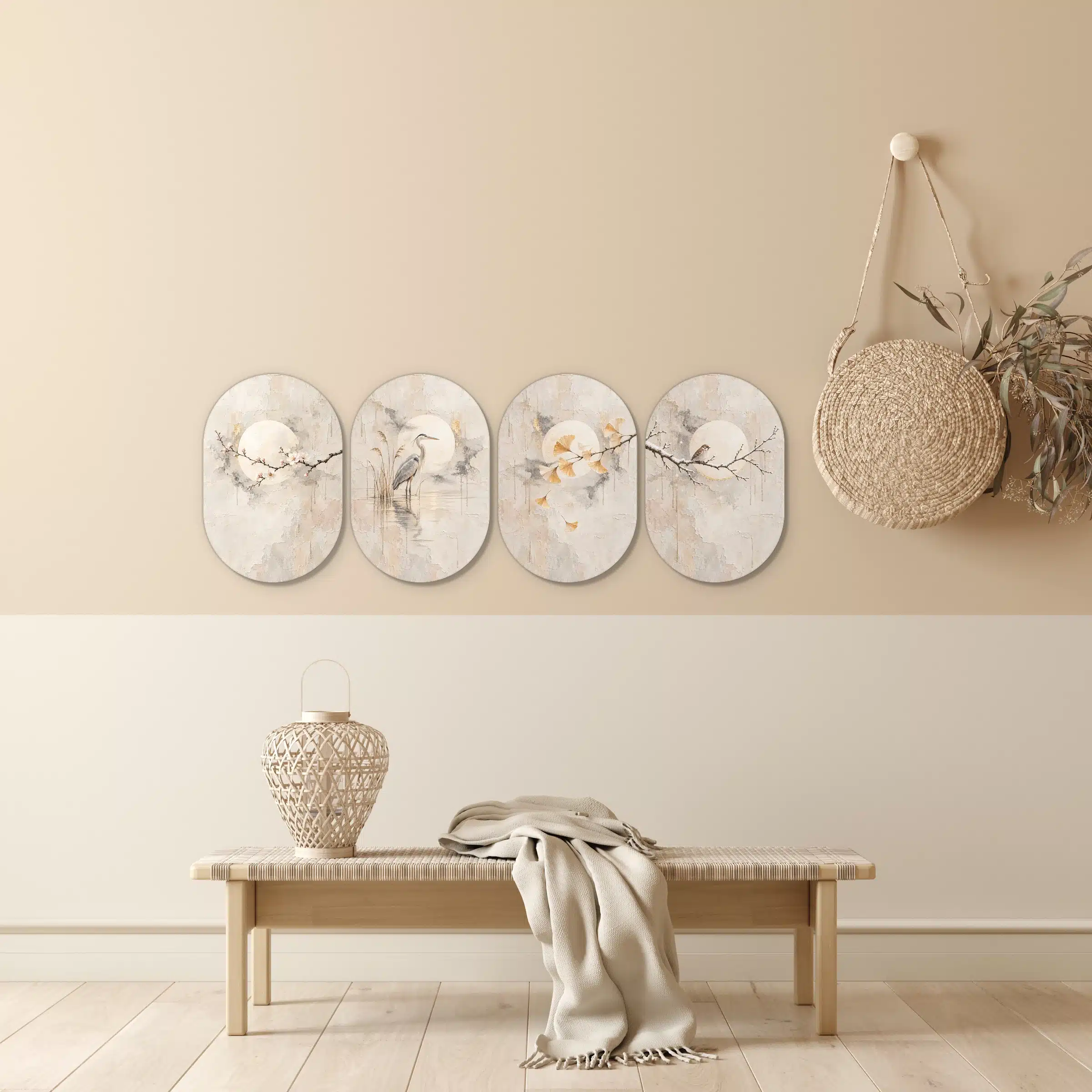 Japandi wanddecoratie set van vier muurovalen in een lichte hal boven een houten bankje
