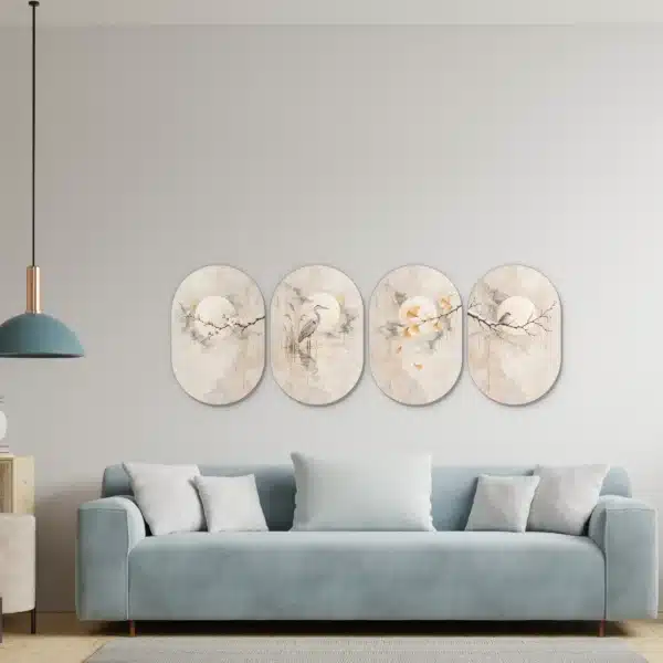 Japandi wanddecoratie set van vier muurovalen in een lichte woonkamer boven de bank