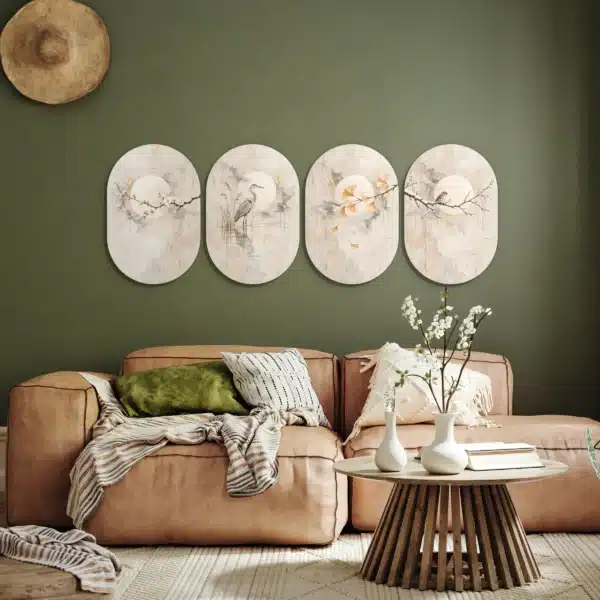 Japandi wanddecoratie set van vier muurovalen aan een olijfgroene muur boven een cognackleurige bank
