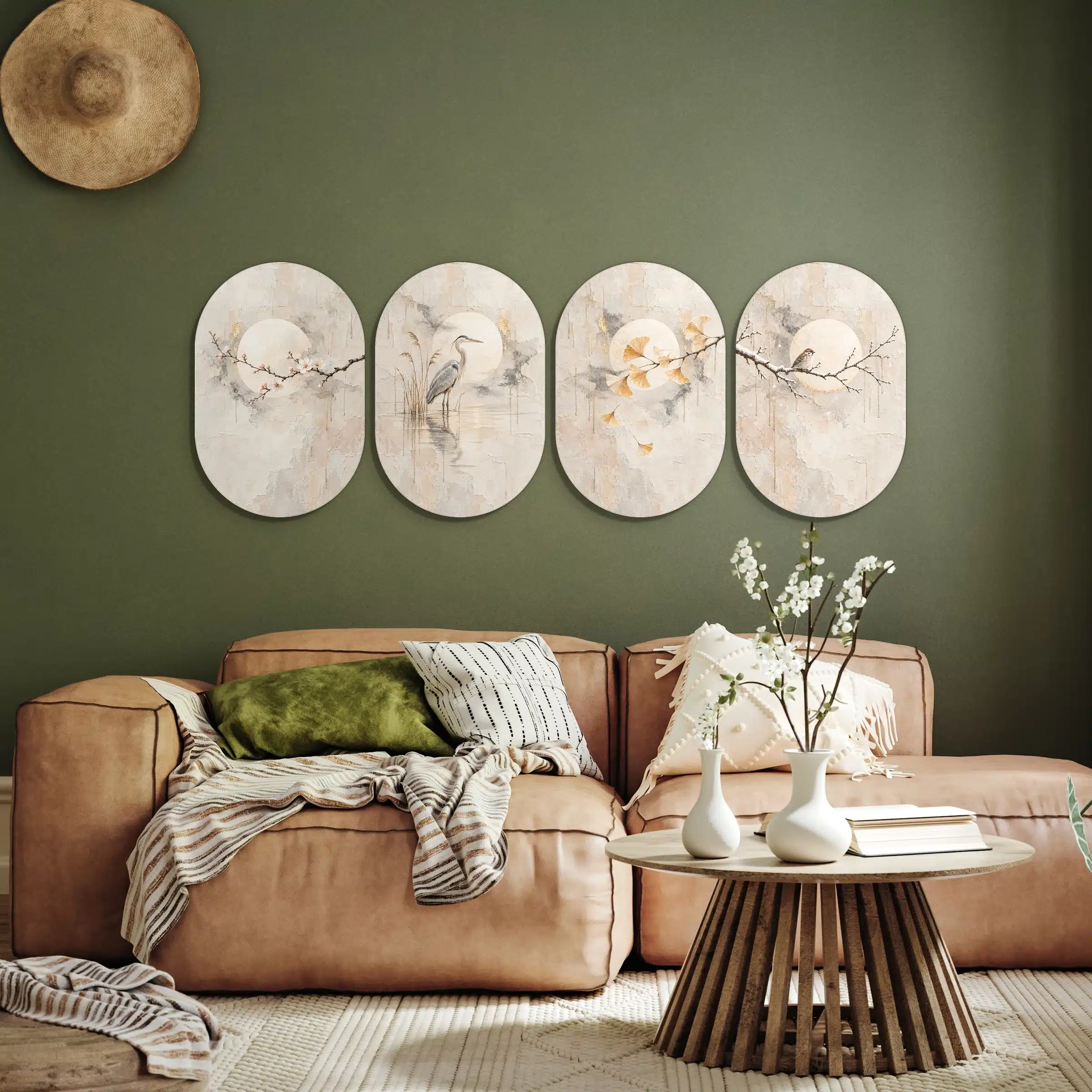 Japandi wanddecoratie set van vier muurovalen aan een olijfgroene muur boven een cognackleurige bank